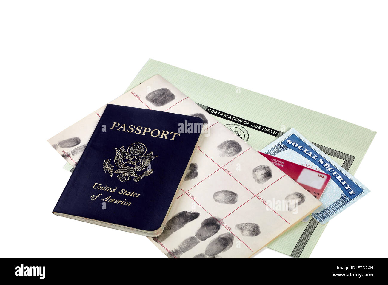 Passaporto, carta di impronte digitali, patente, social security card e del  certificato di nascita isolato su bianco Foto stock - Alamy