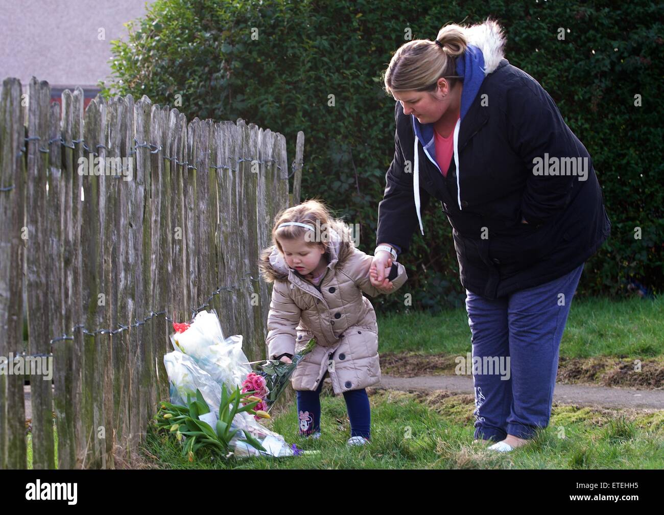 La polizia in Scozia a mantenere una presenza a 22 Parkhead Avenue, Longstone, Edimburgo, dopo un bambino è stato dichiarato morto nelle prime ore della mattina dalla polizia in Scozia. Nella foto è la polizia Scozia forensics frequentando la proprietà a riarsa Avenue di studiare ulteriormente la morte del bambino e i membri del pubblico che stabilisce i fiori al di fuori della casa di Edimburgo. Dotato di: polizia, atmosfera, pubblico, bambino, funzionari di polizia, vista in cui: Edimburgo, Regno Unito quando: 04 Feb 2015 Credit: WENN.com Foto Stock