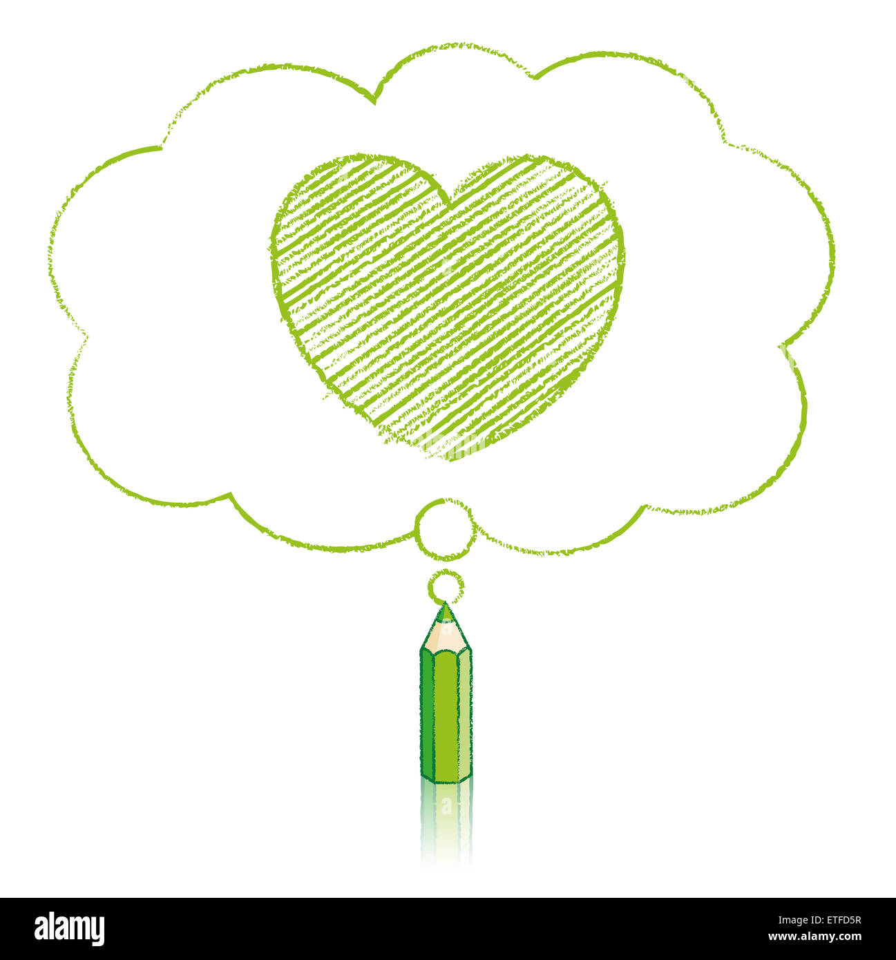 Matita verde con disegno di riflessione Icona cuore in soffice nuvola pensare a forma di bolla su sfondo bianco Foto Stock