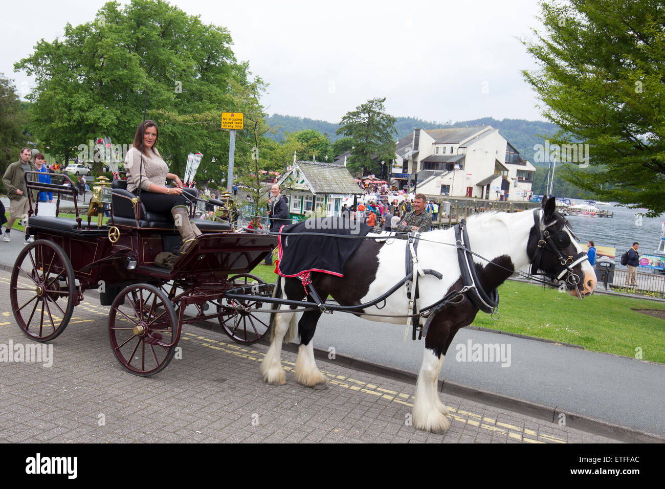 Bowness on Windermere, Cumbria, Regno Unito. Xiii Giugno, 2015. Giornata noiosa da e sul lago di Windermere non scoraggiare i turisti.cavallo licenza Hackney Carrello su Bowness Bay frontale sul lago di Windermere Credito: Gordon Shoosmith/Alamy Live News Foto Stock