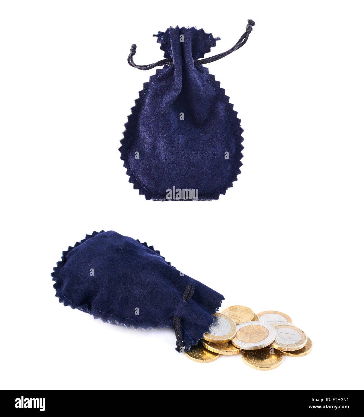 Blue Suede sacca piena di monete Foto Stock