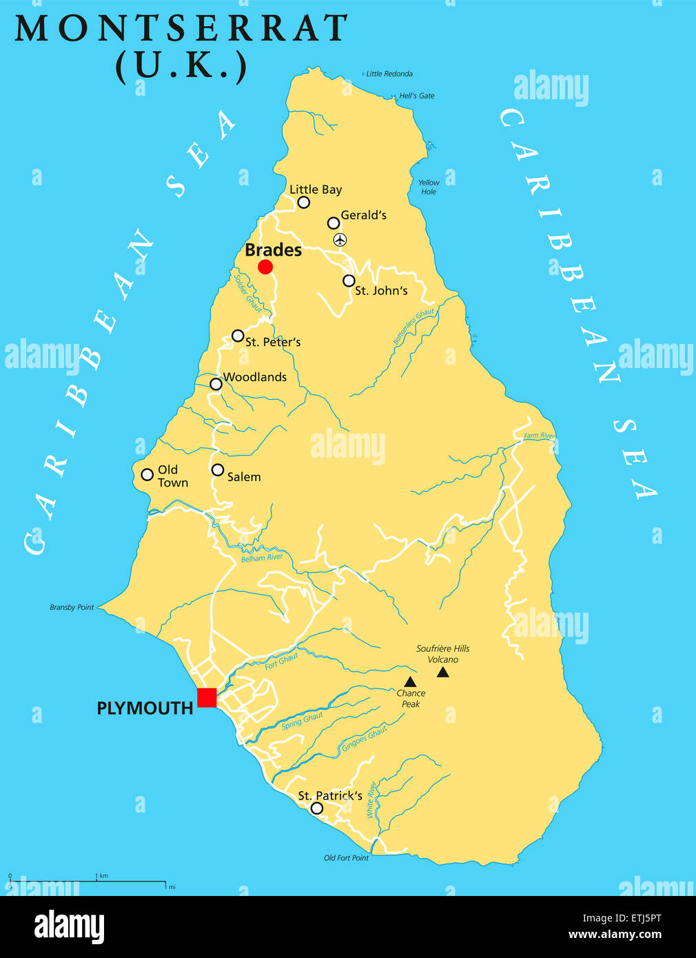 Montserrat Mappa Politico con capitale Plymouth, importanti luoghi e fiumi. Etichetta inglese e la scala. Illustrazione. Foto Stock