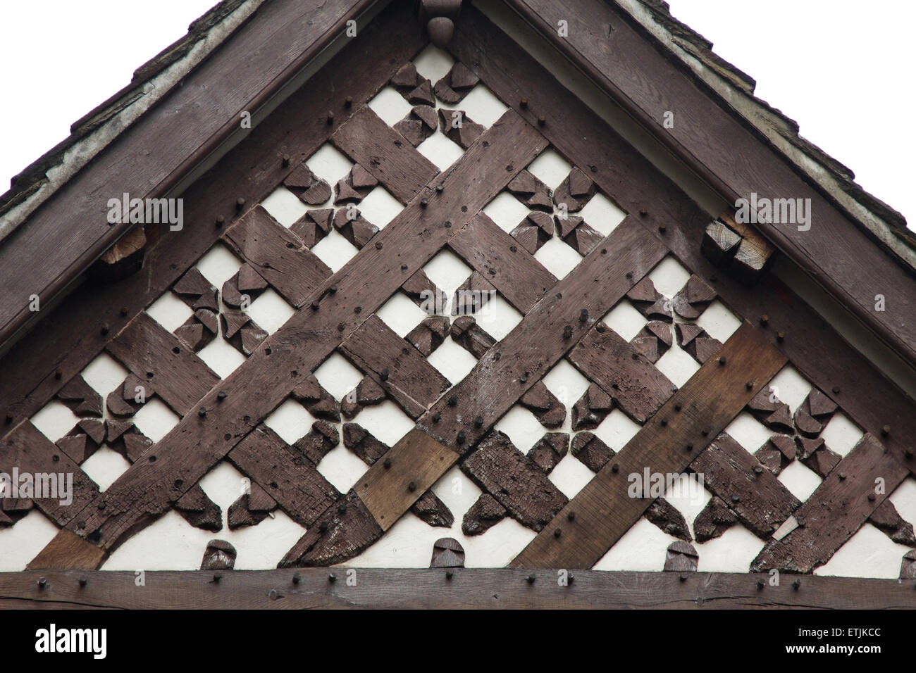 Timpano decorativo fine di Tudor House di Chester, Inghilterra Foto Stock