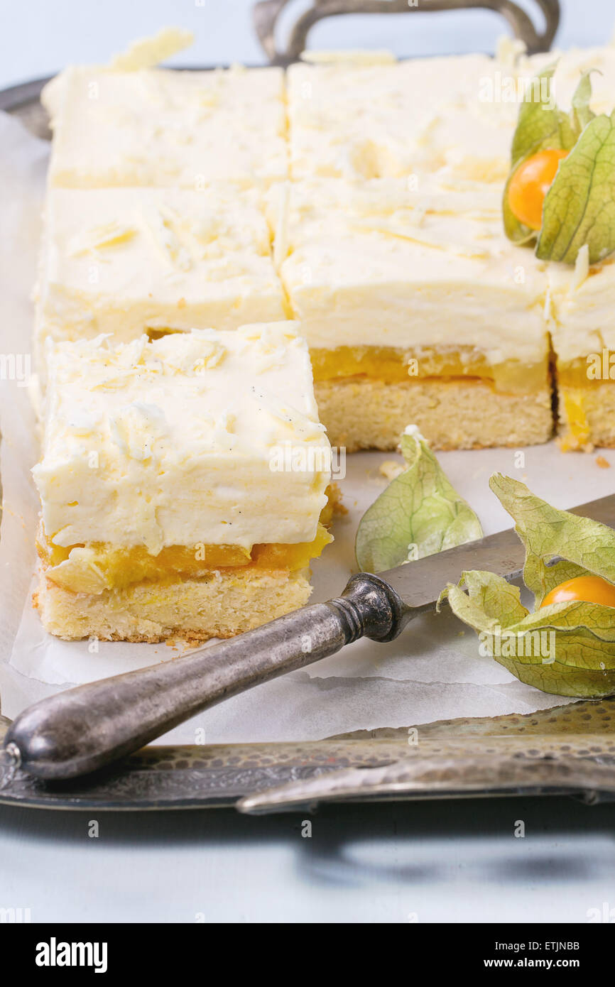 In casa fette di torta con mousse cremosa e frutti tropicali di mango e physalis servita nel vintage vassoio di metallo sulla luce posteriore blu Foto Stock