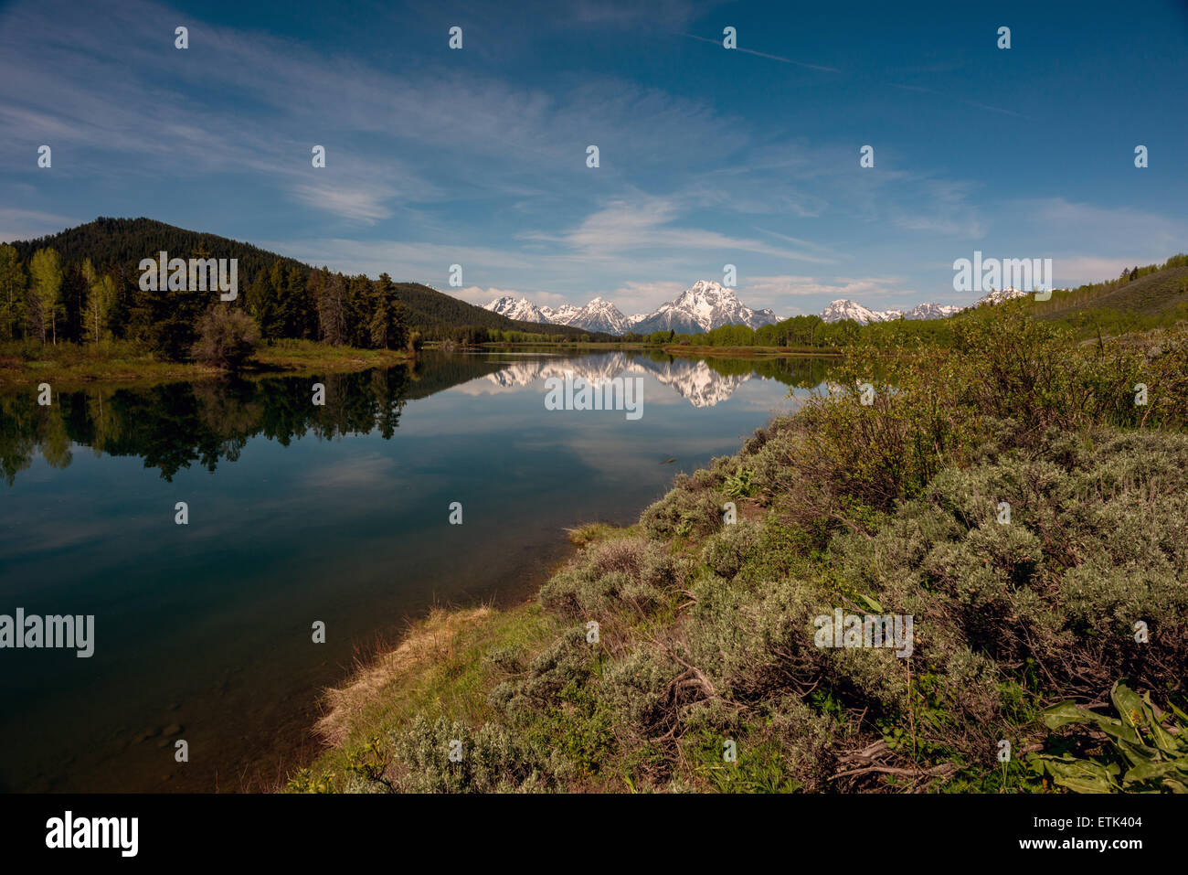 Montagne che si riflettono nelle acque del Lago Yellowstone. Foto Stock