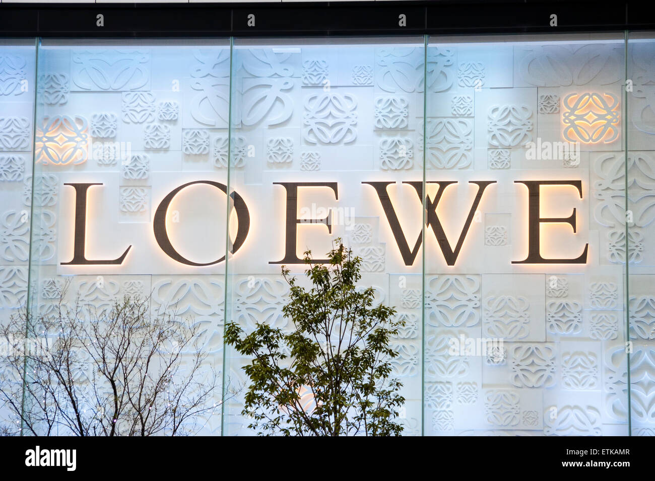 Giappone, Osaka, Umeda. Il marchio alla moda "Loewe" illuminato di notte sopra il negozio lettere nere su sfondo blu chiaro. Foto Stock