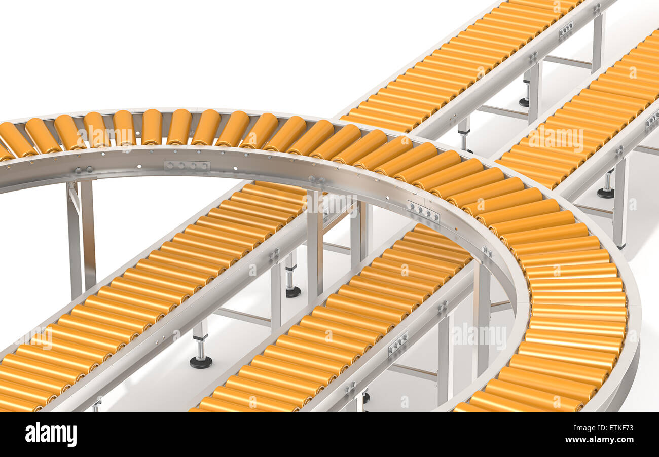 Gruppo astratto di acciaio e arancione trasportatori industriali in varie direzioni. Foto Stock