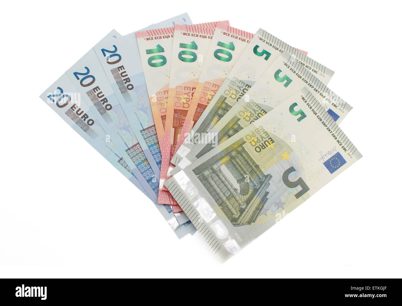 Fan di mescolato le banconote in euro su sfondo bianco. Foto Stock