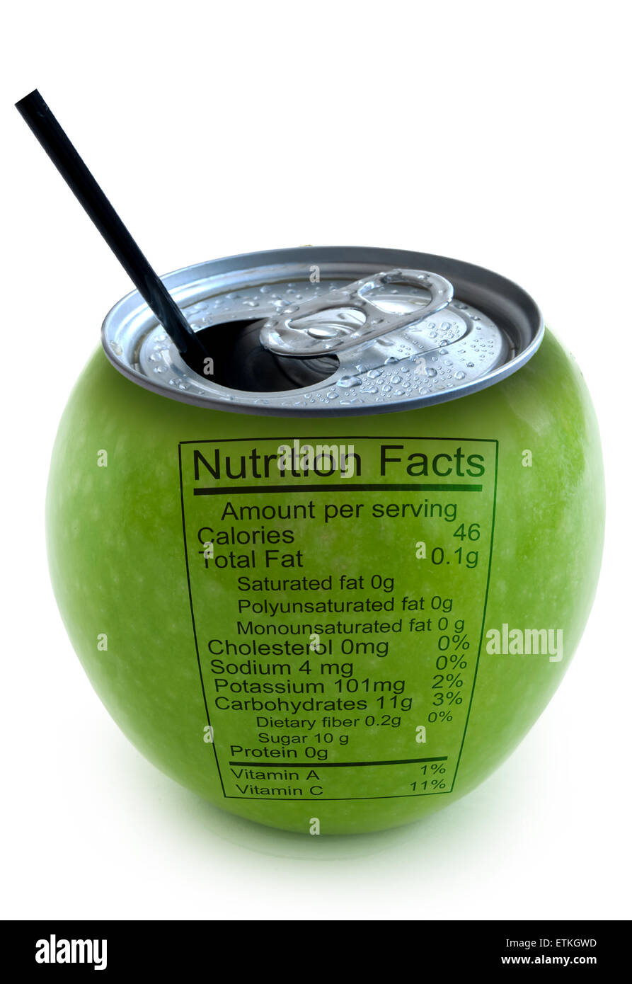Immagine concettuale di frutta apple come una lattina di succo di frutta con fatti di nutrizione Foto Stock