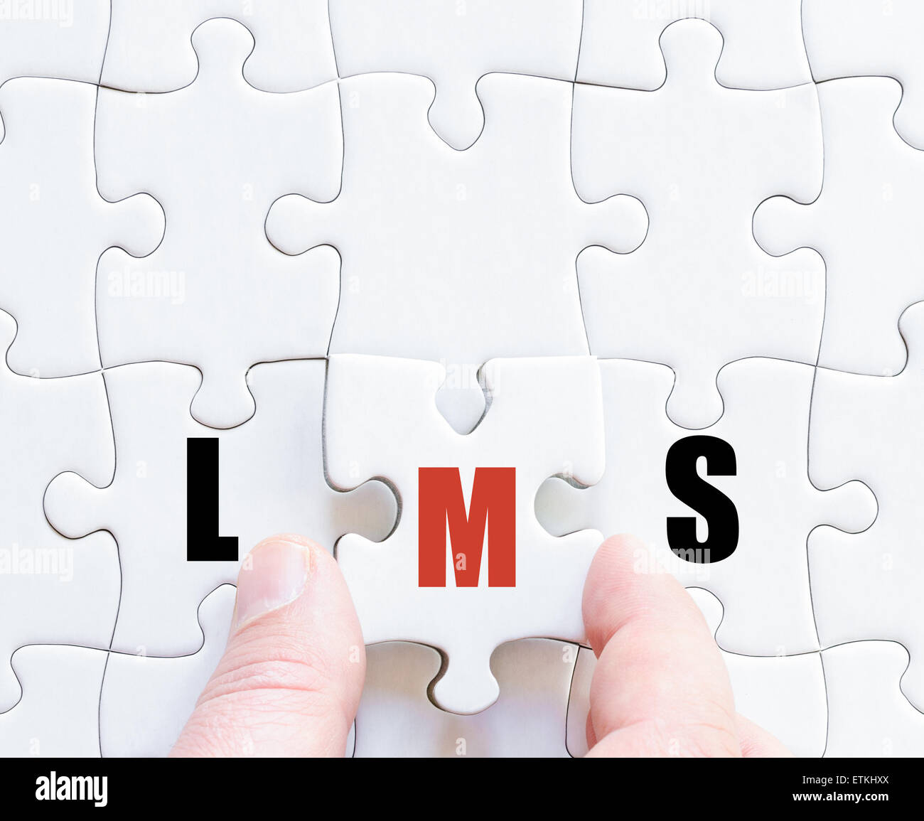 La mano di un uomo di affari di completare il puzzle con l'ultimo pezzo mancante.Concetto di immagine di Business acronimo LMS come sistema di gestione dell'apprendimento Foto Stock