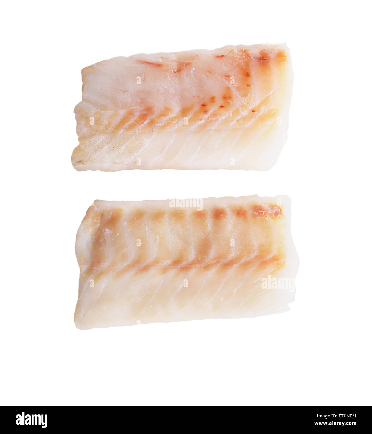 Merluzzo bianco i filetti di pesce isolato su sfondo bianco Foto Stock