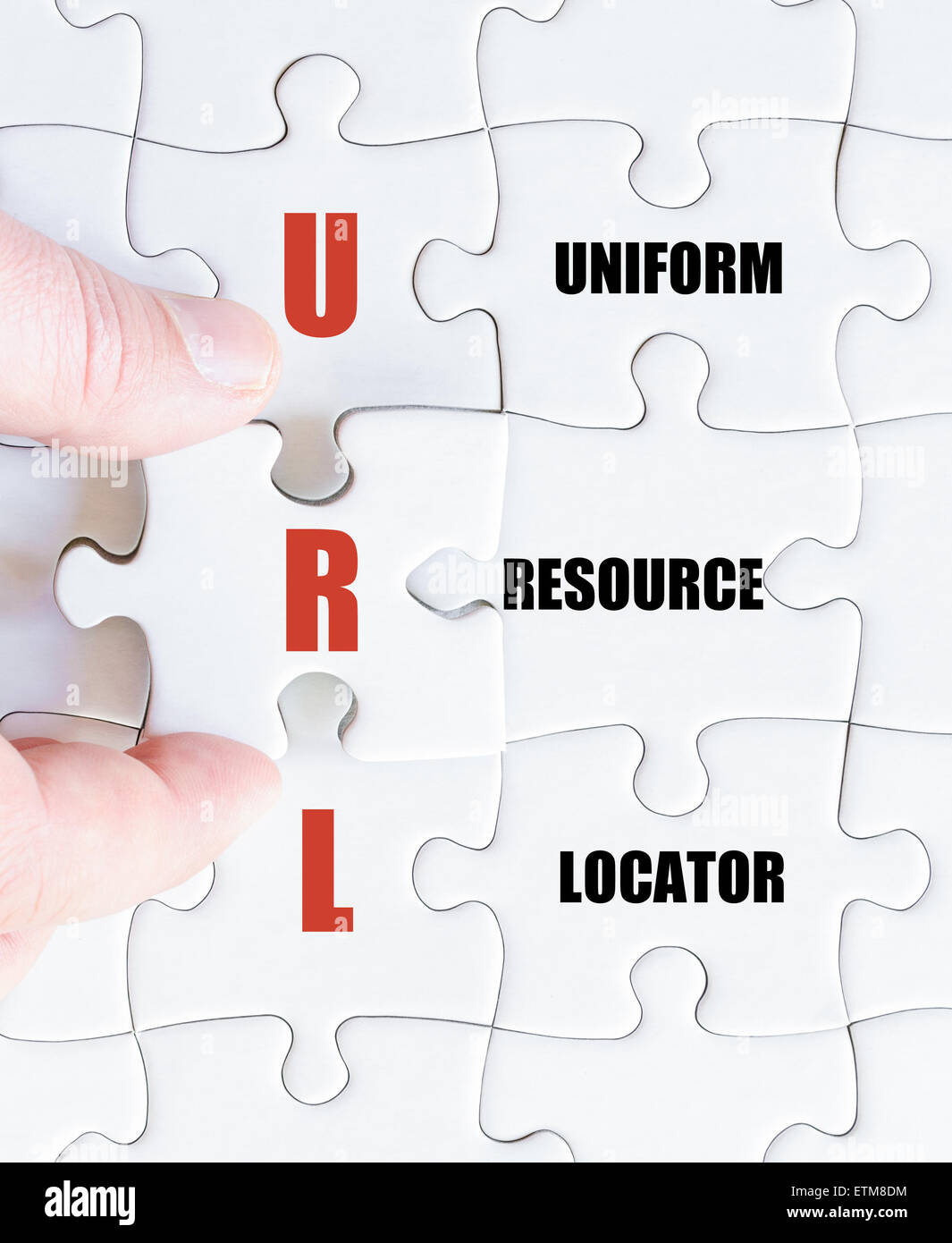 La mano di un uomo di affari di completare il puzzle con l'ultimo pezzo mancante.Concetto di immagine di Business URL Acronimo di Uniform Resource Locator Foto Stock