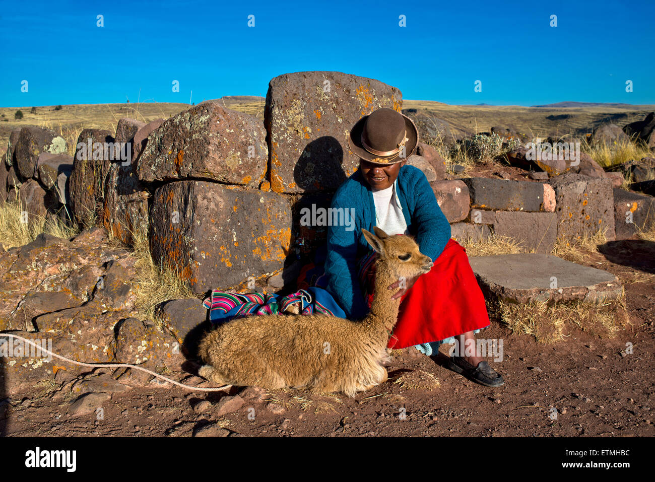 L Aymara donna indiana in abito tradizionale udienza contro il muro di pietra con il guanaco (Lama guanicoe), terreno di sepoltura a Sillustani Foto Stock