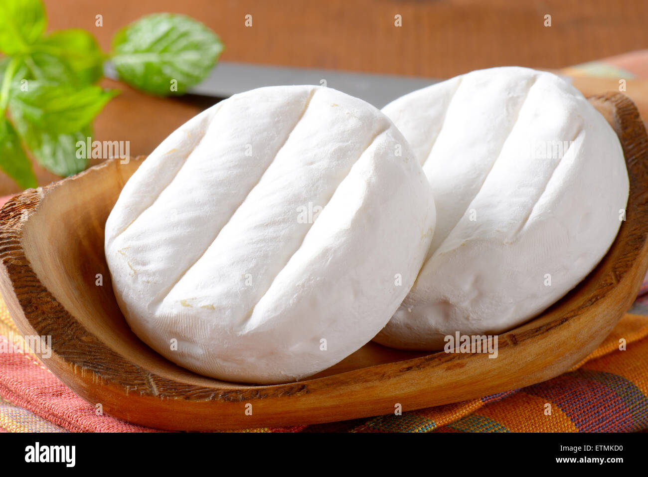 Due ruote di morbida crema formaggio con muffa bianca Foto Stock