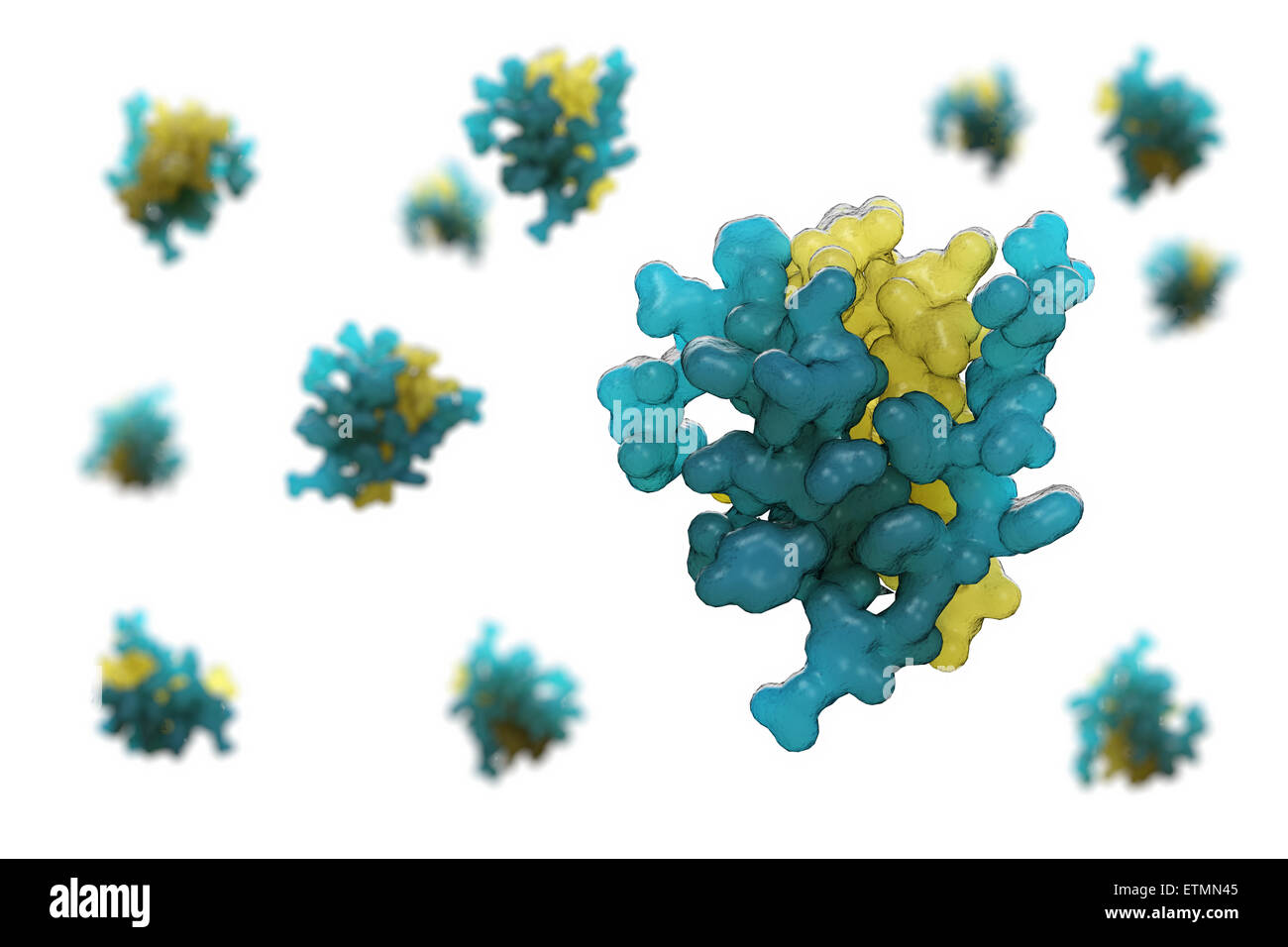 Illustrazione stilizzata di 2HIU insulina, un ormone che provoca l'assorbimento di glucosio, come parte del metabolismo. Foto Stock