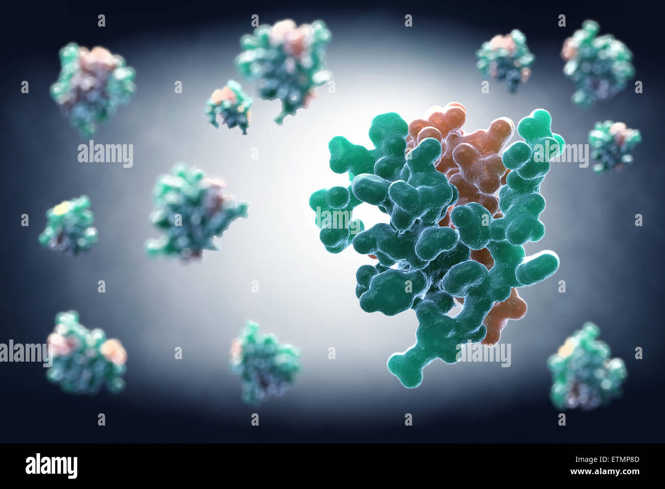 Illustrazione stilizzata di 2HIU insulina, un ormone che provoca l'assorbimento di glucosio, come parte del metabolismo. Foto Stock