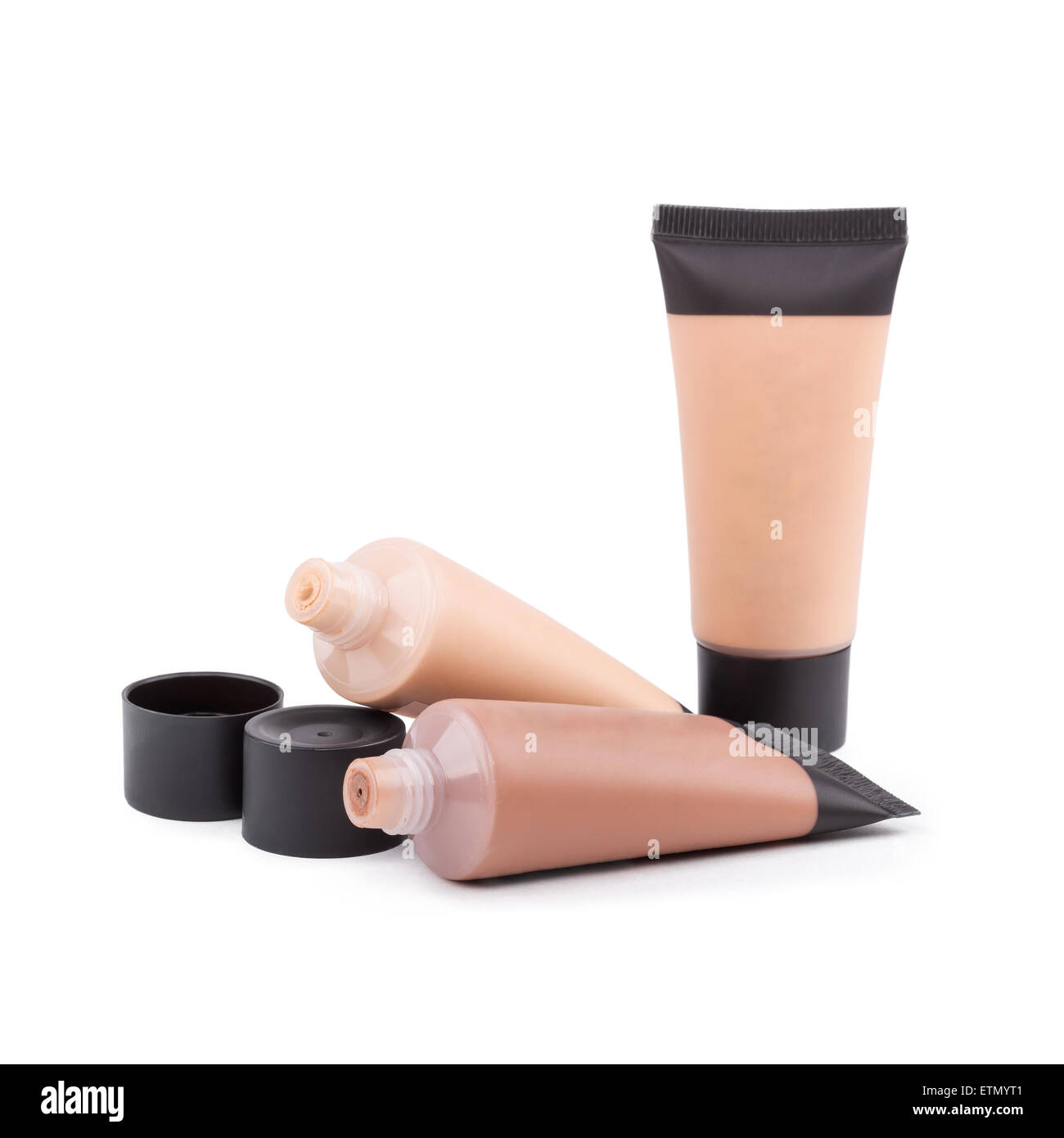 Provette con liquido di reintegro foundation, primo piano su sfondo bianco Foto Stock