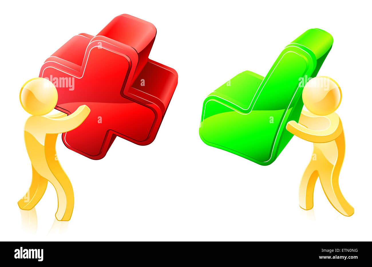 Illustrazione di una persona con un segno di spunta di colore verde e uno con una croce rossa Foto Stock
