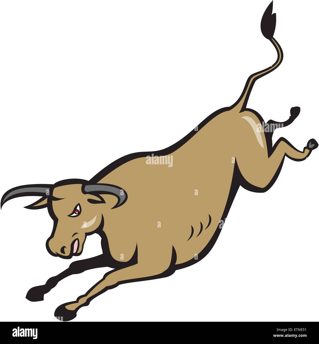 Illustrazione di un Texas longhorn bull jumping visto dal lato anteriore impostato su isolato sfondo bianco fatto in stile cartoon. Foto Stock