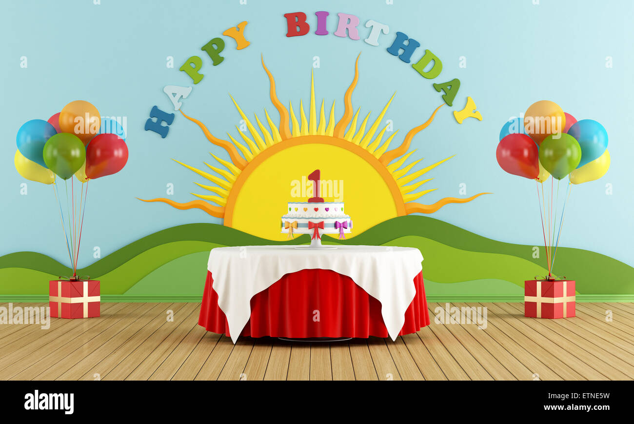 Festa di compleanno con tavola rotonda con torta e decorazione colorata sul muro - il rendering 3D Foto Stock