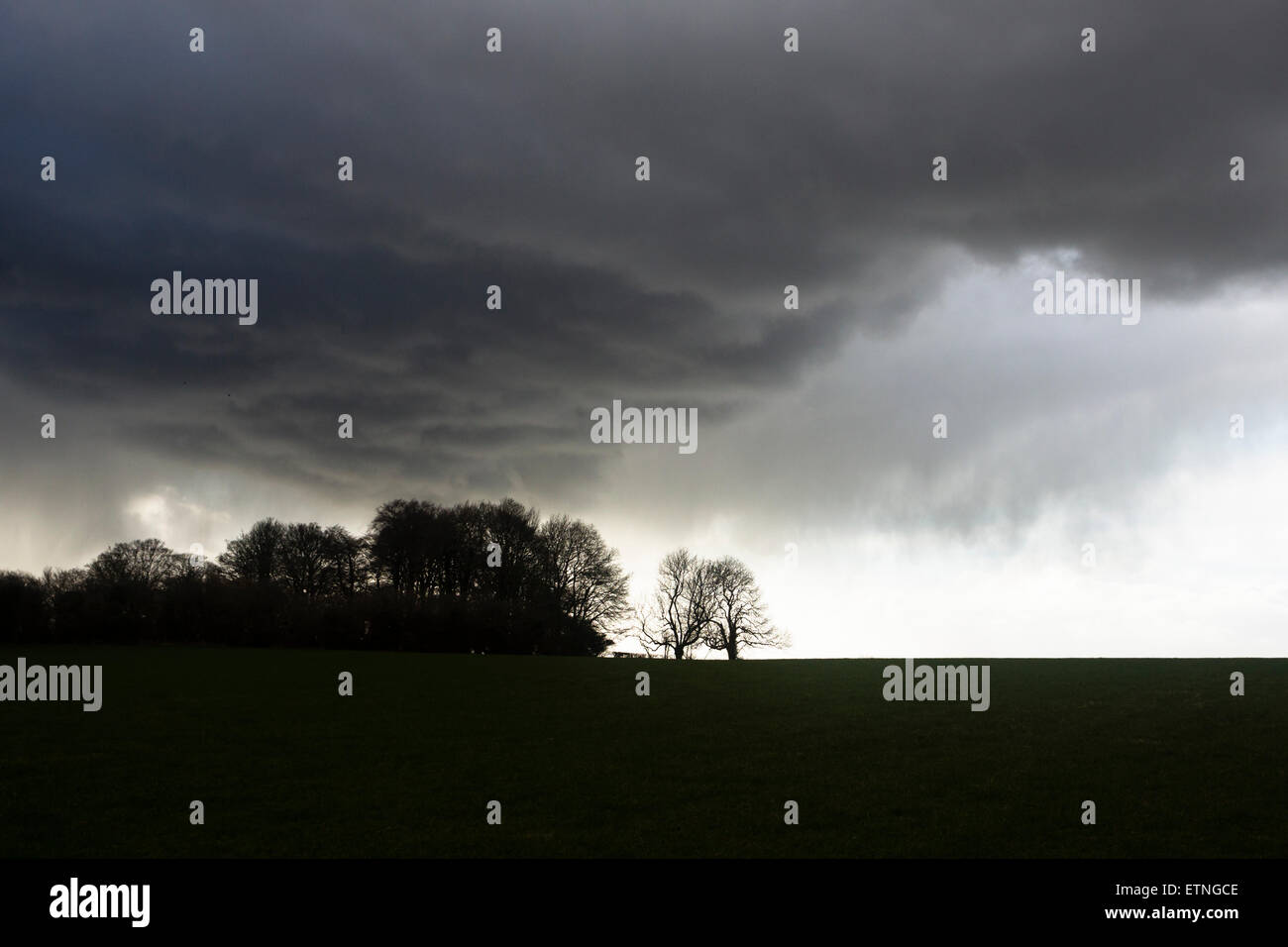 Stormy pioggia nuvole su terreni agricoli nel Regno Unito. Inverno 2014. Foto Stock