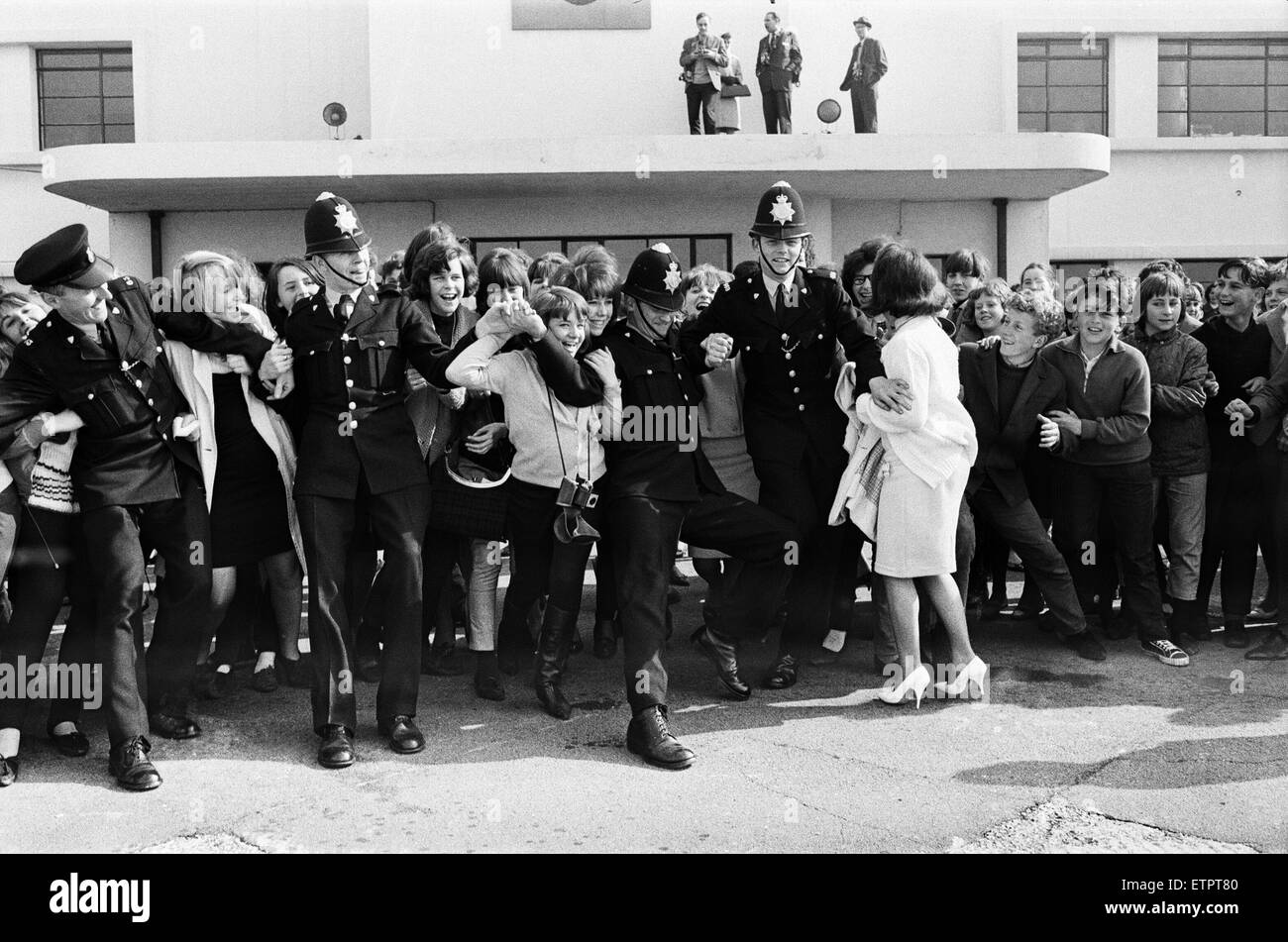 Folle immense di salutare l'arrivo di Manchester gruppo pop La Hollies a Shoreham airport dopo la loro comparsa in un festival di musica pop a Wembley. 26 aprile 1964. Foto Stock