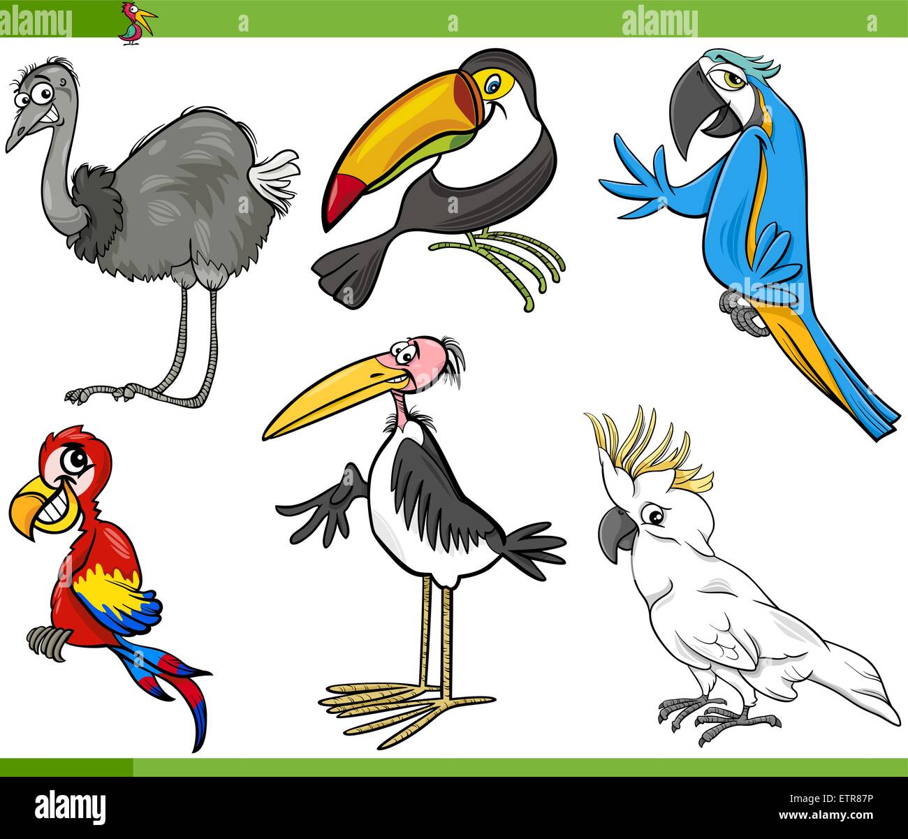 Illustrazione del fumetto di divertenti uccelli esotici impostato Illustrazione Vettoriale
