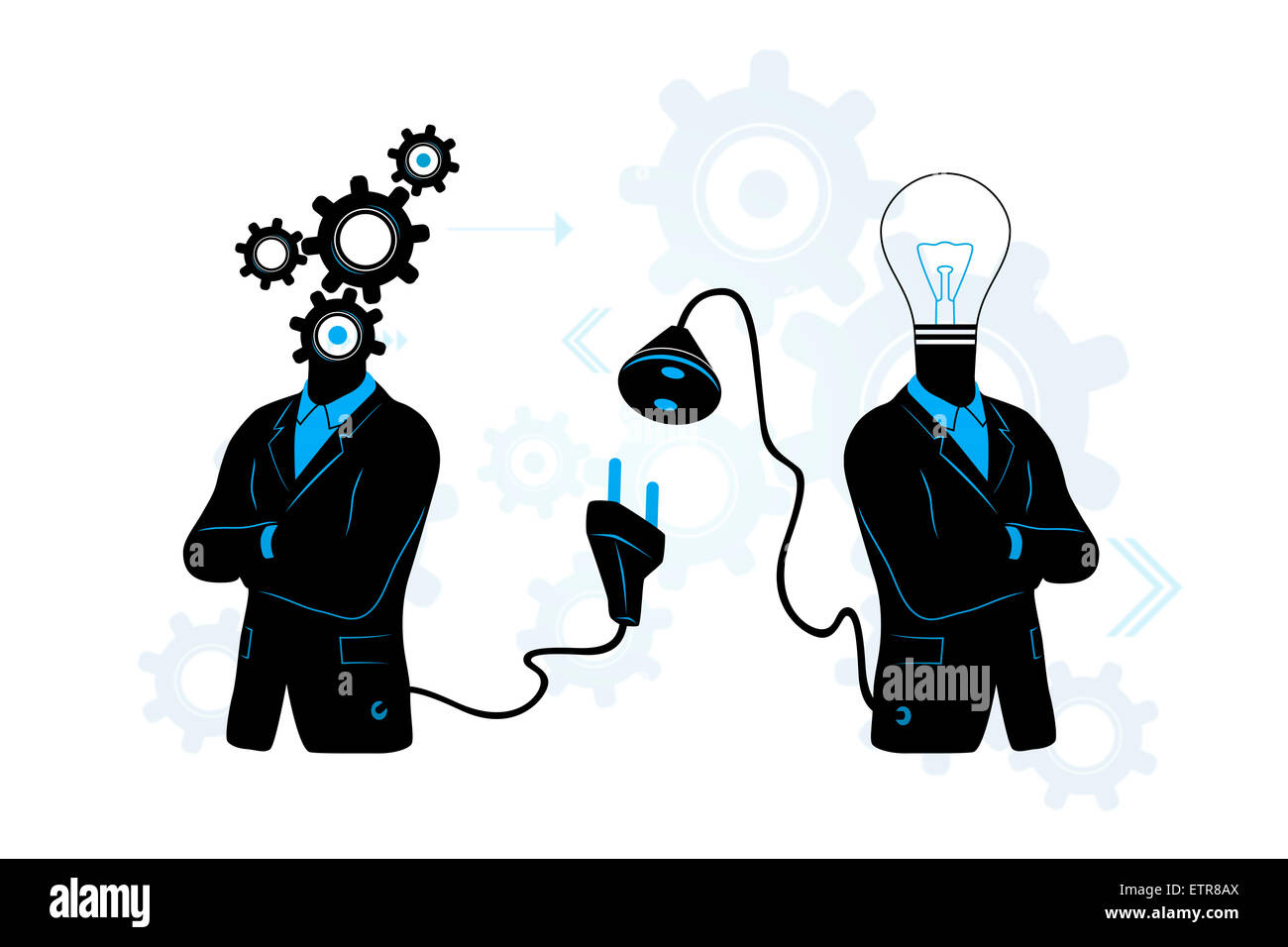 Concetto di ricerca / il collegamento all'idea. Imprenditore con gli ingranaggi (pensare simbolo) il collegamento a un altro con la lampadina (IDEA). Foto Stock
