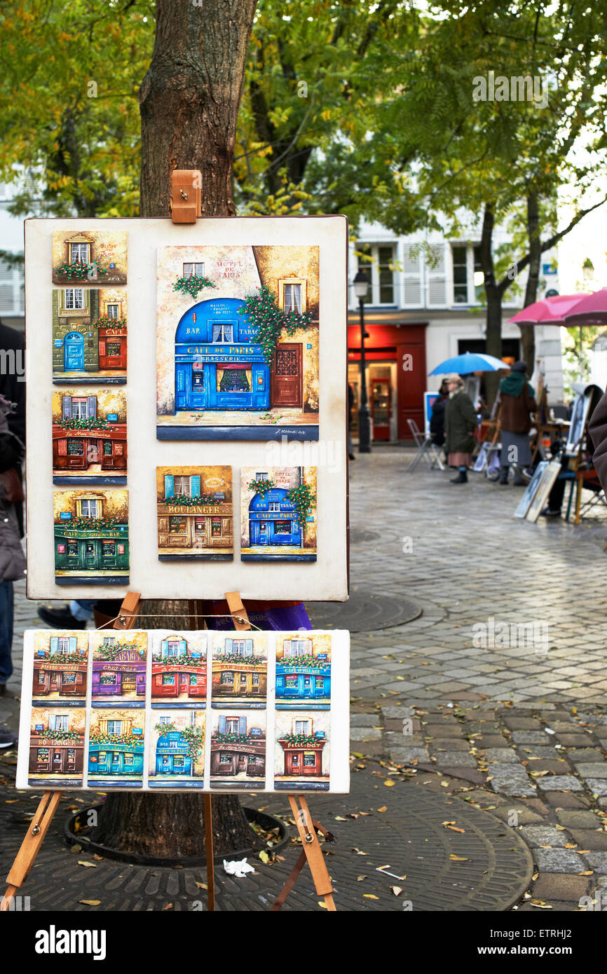 Cavalletto con dipinti, area di Montmartre, Parigi, Francia Foto Stock