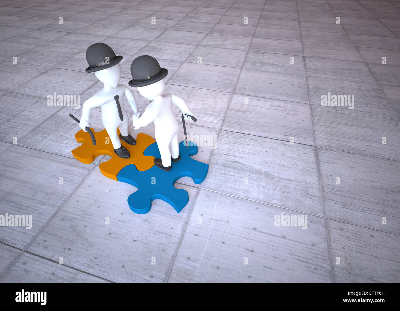 Due manichini stringono le mani sul pezzo del puzzle, 3d illustrazione Foto Stock