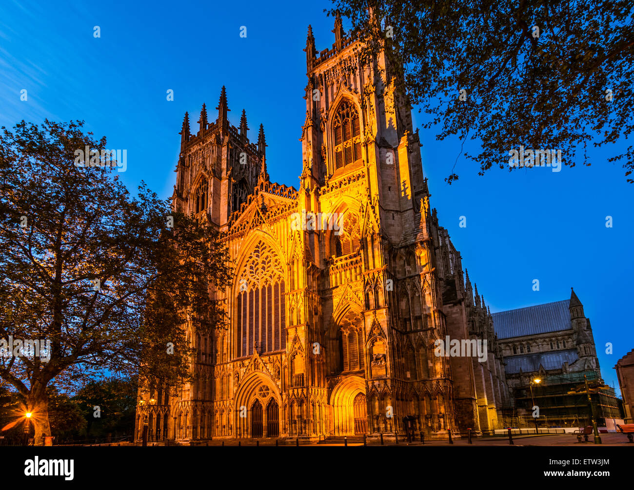 York Minster in serata; è la cattedrale di York, Inghilterra, ed è uno dei più grandi del suo genere in Europa settentrionale Foto Stock