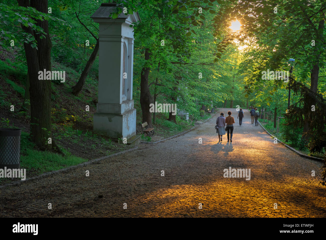 Parco di Praga estate, in una serata estiva la gente a prendere una piacevole passeggiata attraverso il parco Petrin in Mala Strana di Praga, Repubblica Ceca. Foto Stock