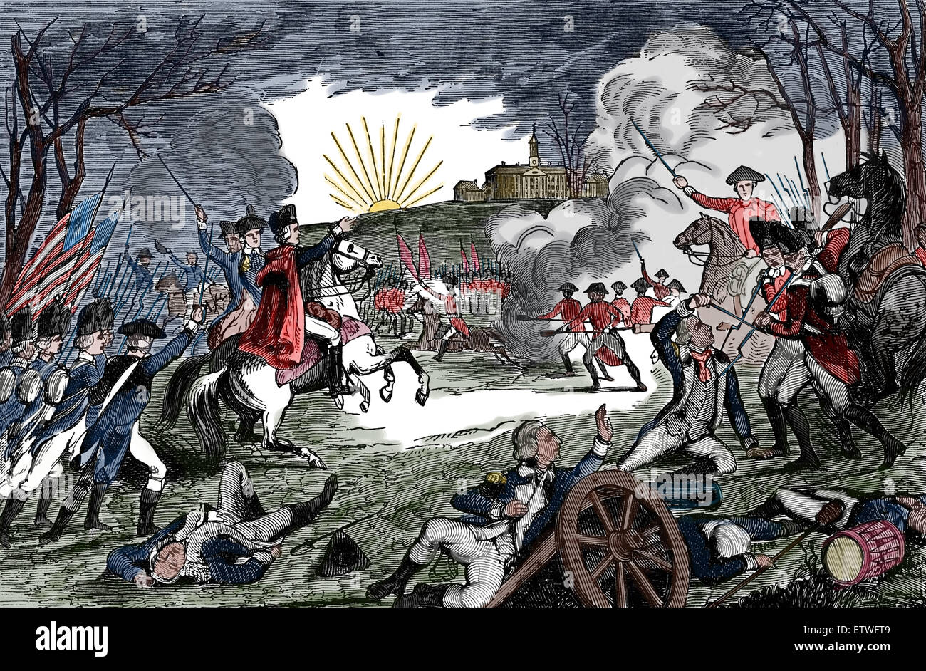 La guerra rivoluzionaria americana. La battaglia di Princeton (3 gennaio 1777). Incisione. Colore. Foto Stock