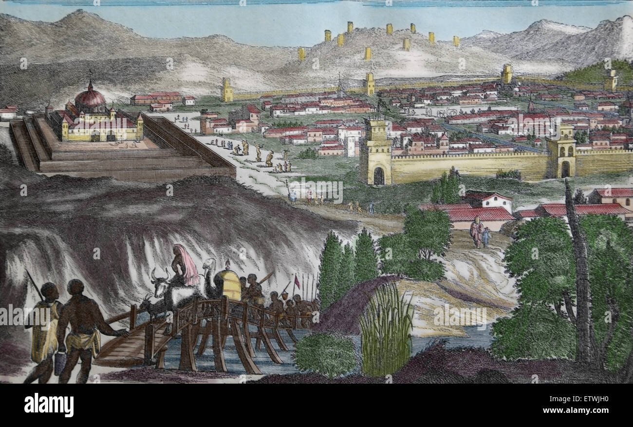 Messico città ricostruita dagli Spagnoli. Incisione. Xix secolo. Colore. Foto Stock
