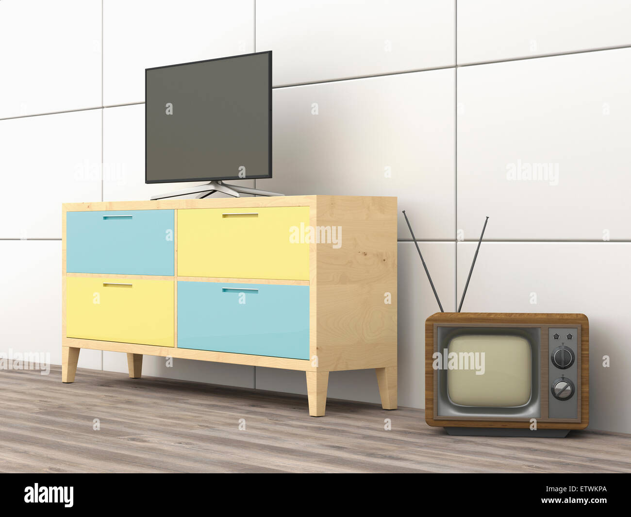 Rendering 3D, il televisore vecchio, moderno televisore a schermo piatto su un armadio Foto Stock