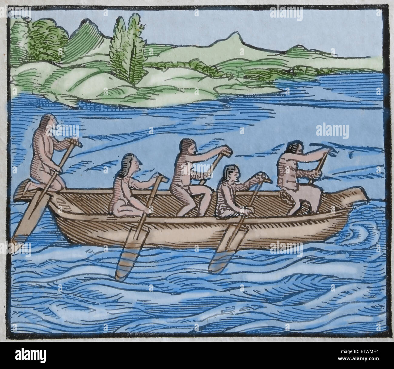 America. Indian canoe di Paria paese. Incisione su legno. Il XVI secolo. Colorazione successiva. Foto Stock