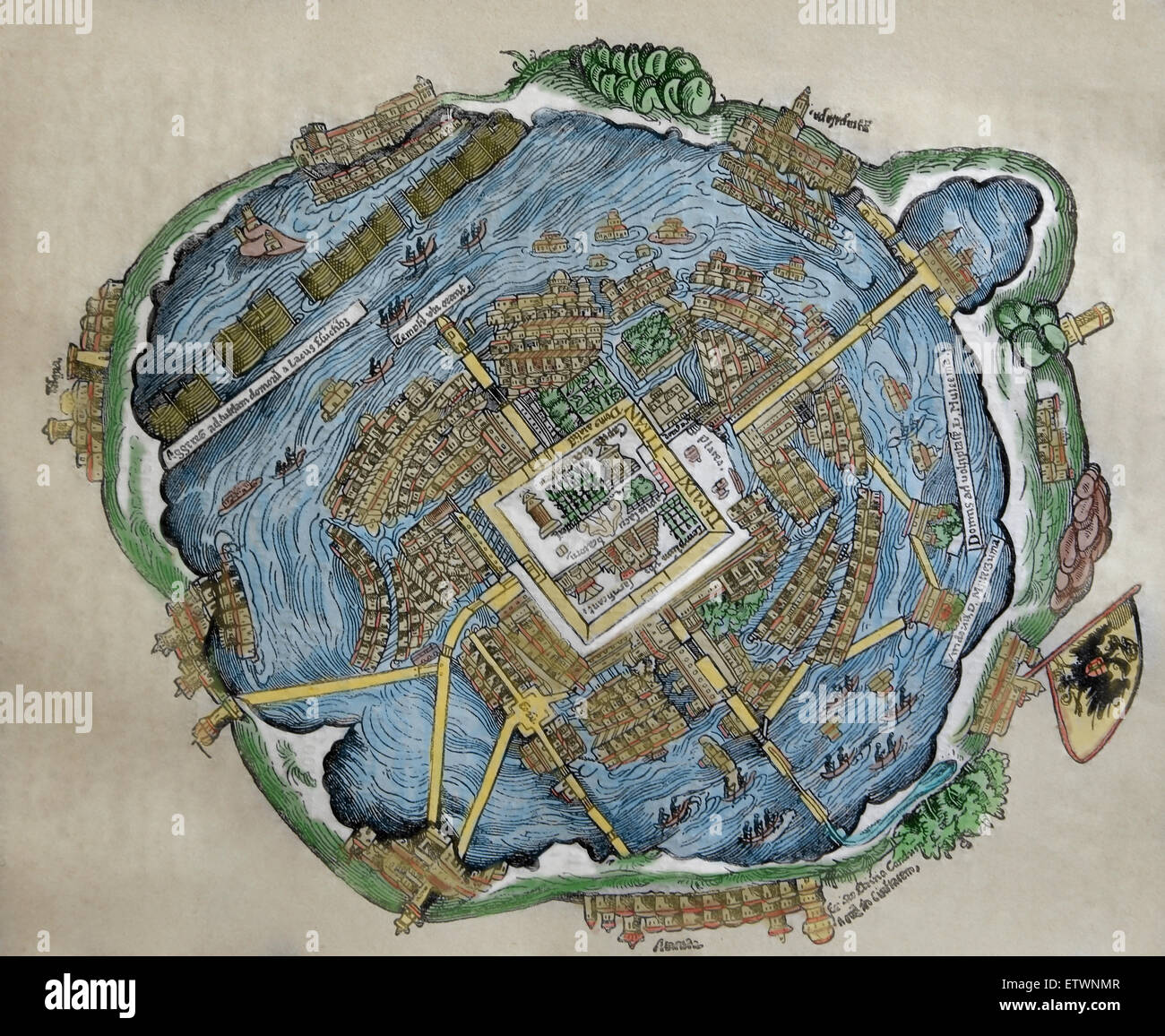 Mappa della capitale azteca. Tenochtitlan. Hernan Cortes' s lettere, Norimberga, 1524. Colore. Foto Stock