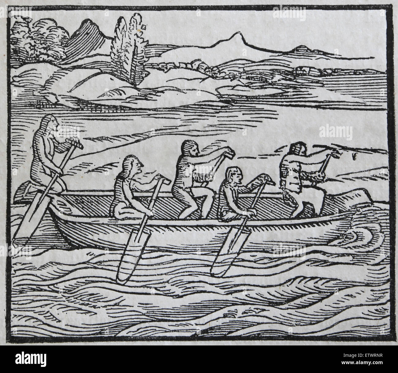America. Indian canoe di Paria paese. Incisione su legno. Il XVI secolo. Foto Stock