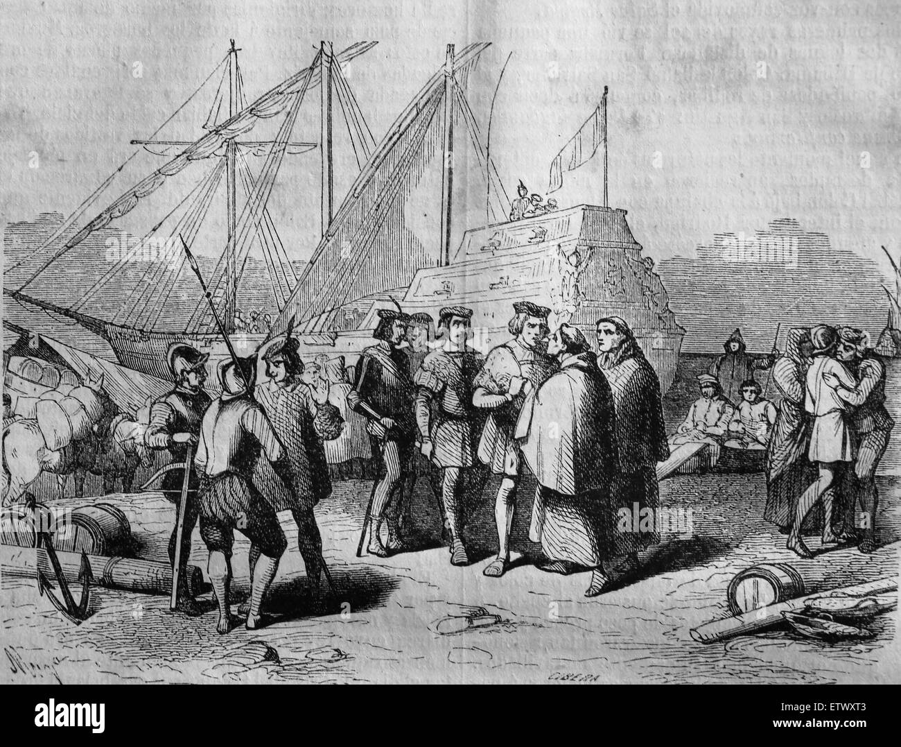Cristoforo Colombo (1450-1506). Explorer, navigazione. Scopritore del Nuovo Mondo. Imbarco in Palos de la Frontera. Foto Stock