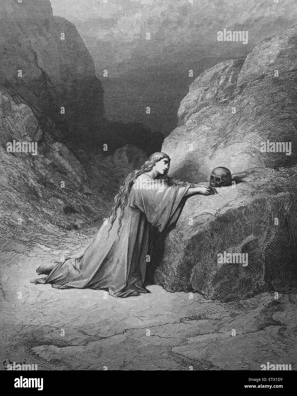 Il Nuovo Testamento. Maria Maddalena penitente. Luca 7:47. Incisione di Gustave Dore. Xix c. Foto Stock
