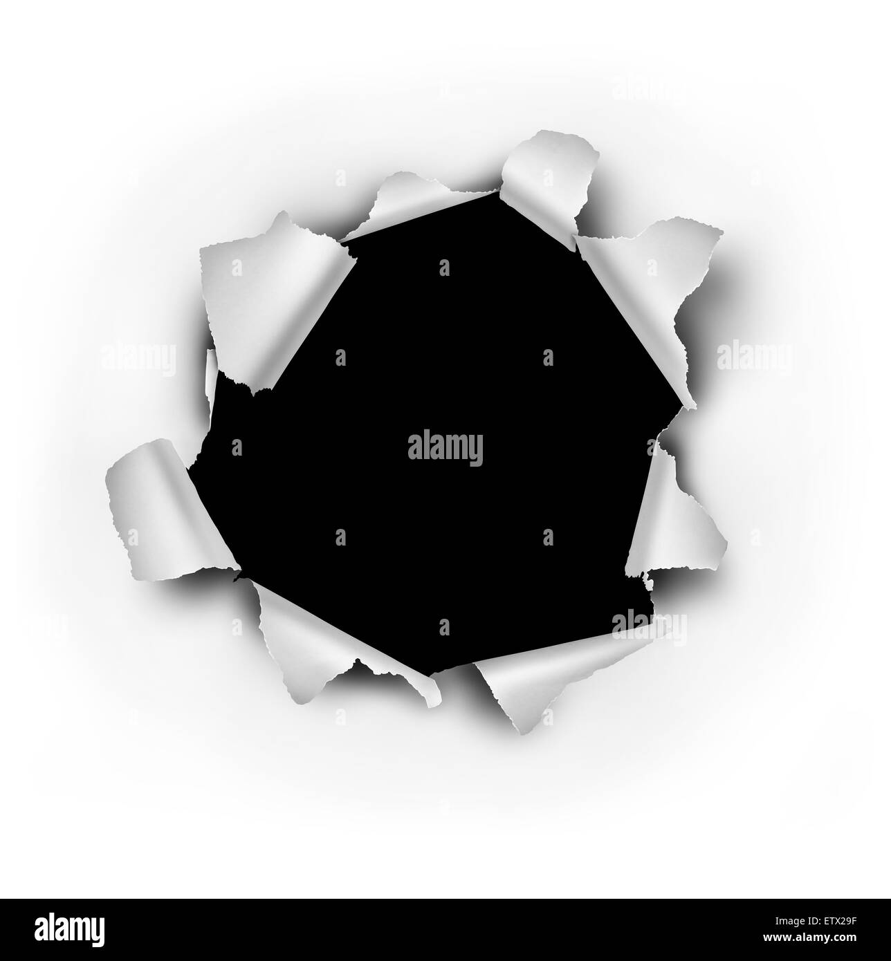 Carta foro di burst con strappato i bordi strappati su un foglio bianco che è stato perforato o punzonati aperta come una rivoluzione fuoriuscite di libertà e simbolo di escape. Foto Stock