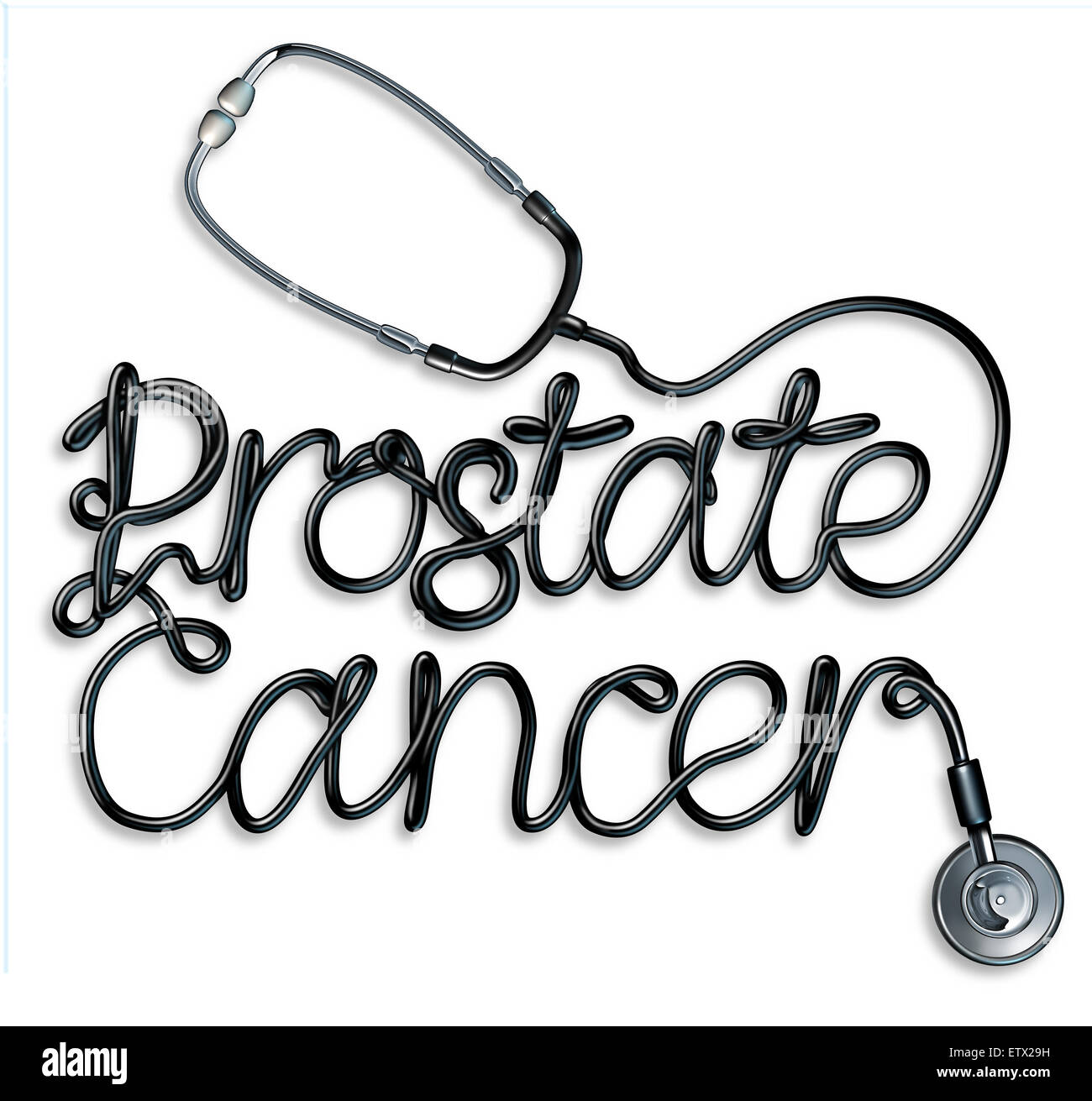 Il cancro della prostata di un concetto o di screening per il carcinoma nel premistoppa del sistema riproduttivo maschile come un medico stetoscopio conformata come un testo che descrive un cancro maligno malattia che colpisce gli uomini come loro età. Foto Stock