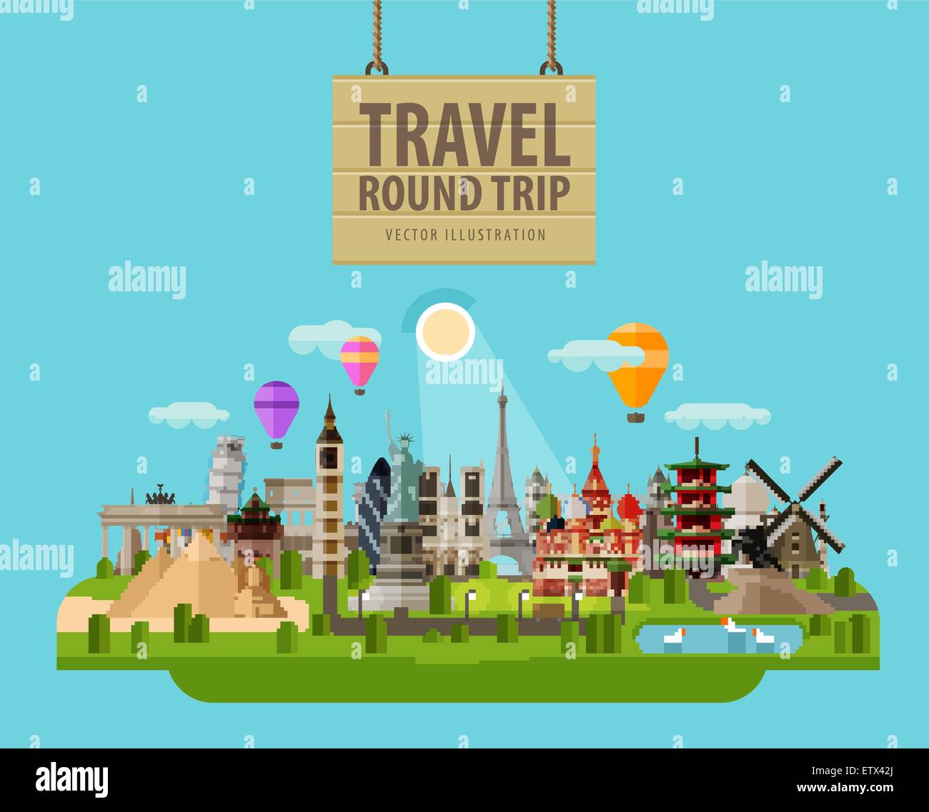 La vacanza estiva vector logo design modello. viaggio, viaggio o luoghi del mondo icona illustrazione piatta Illustrazione Vettoriale