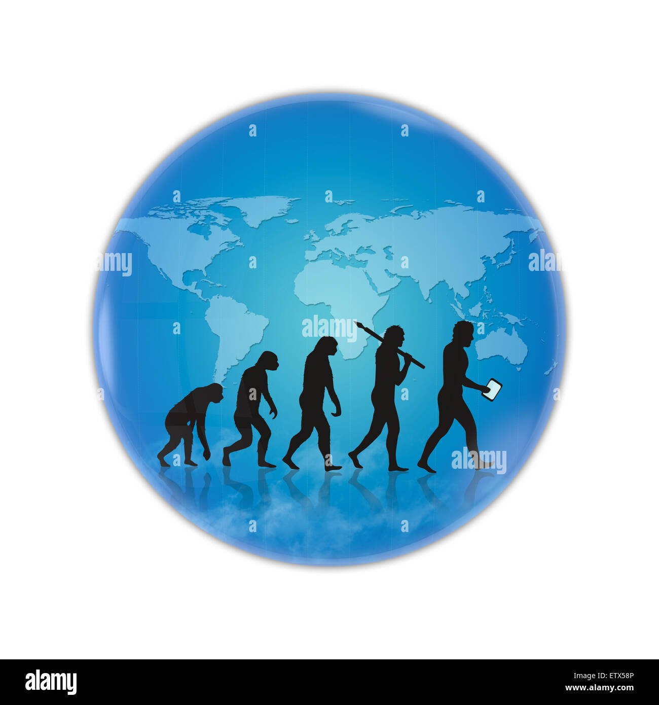 Umano e l'evoluzione della tecnologia con il blu, mappa della terra, sfondo. Foto Stock