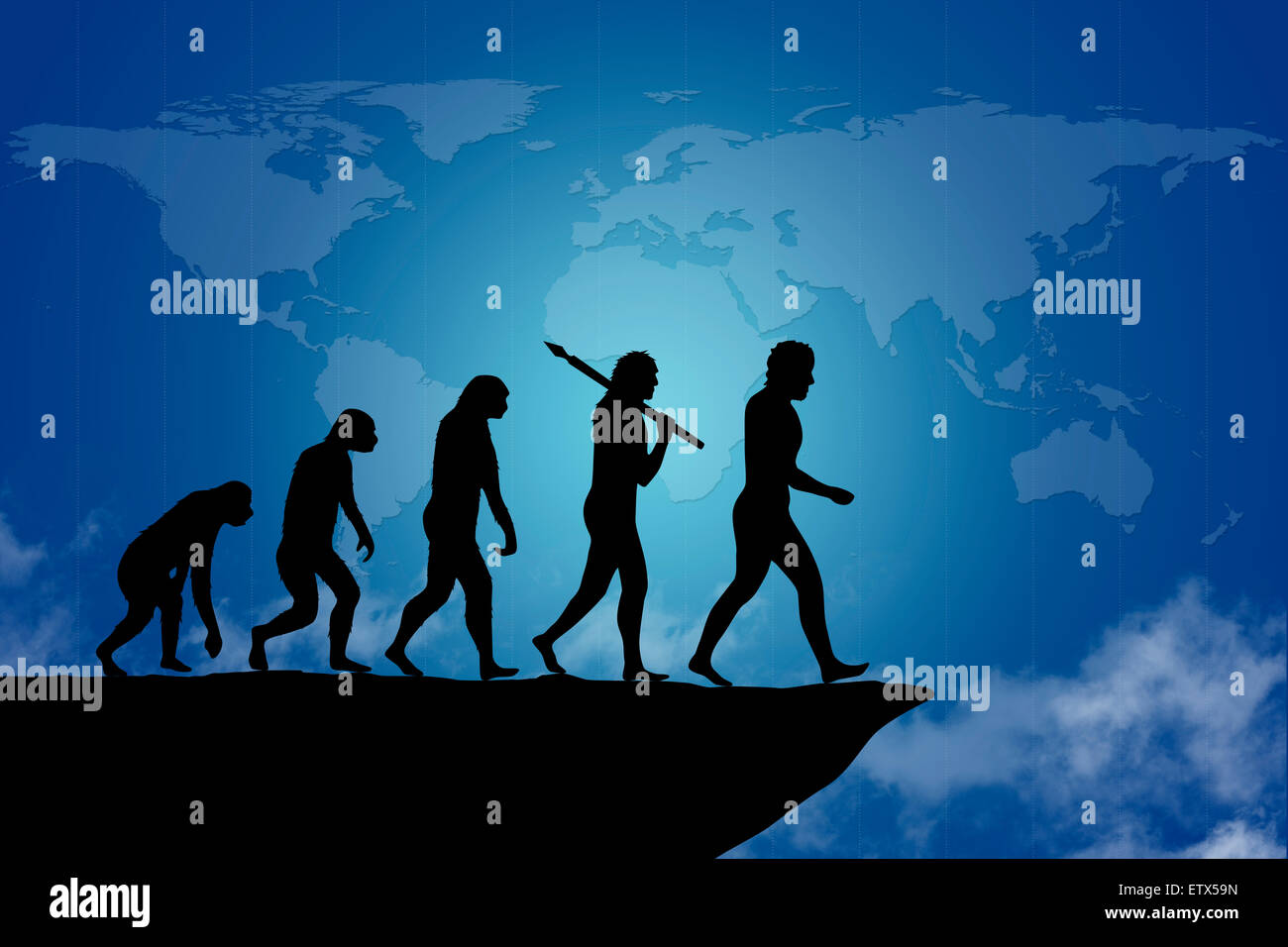 Evoluzione umana dell'uomo / persone, da scimmia all uomo moderno, andando verso la fine della scogliera. Foto Stock