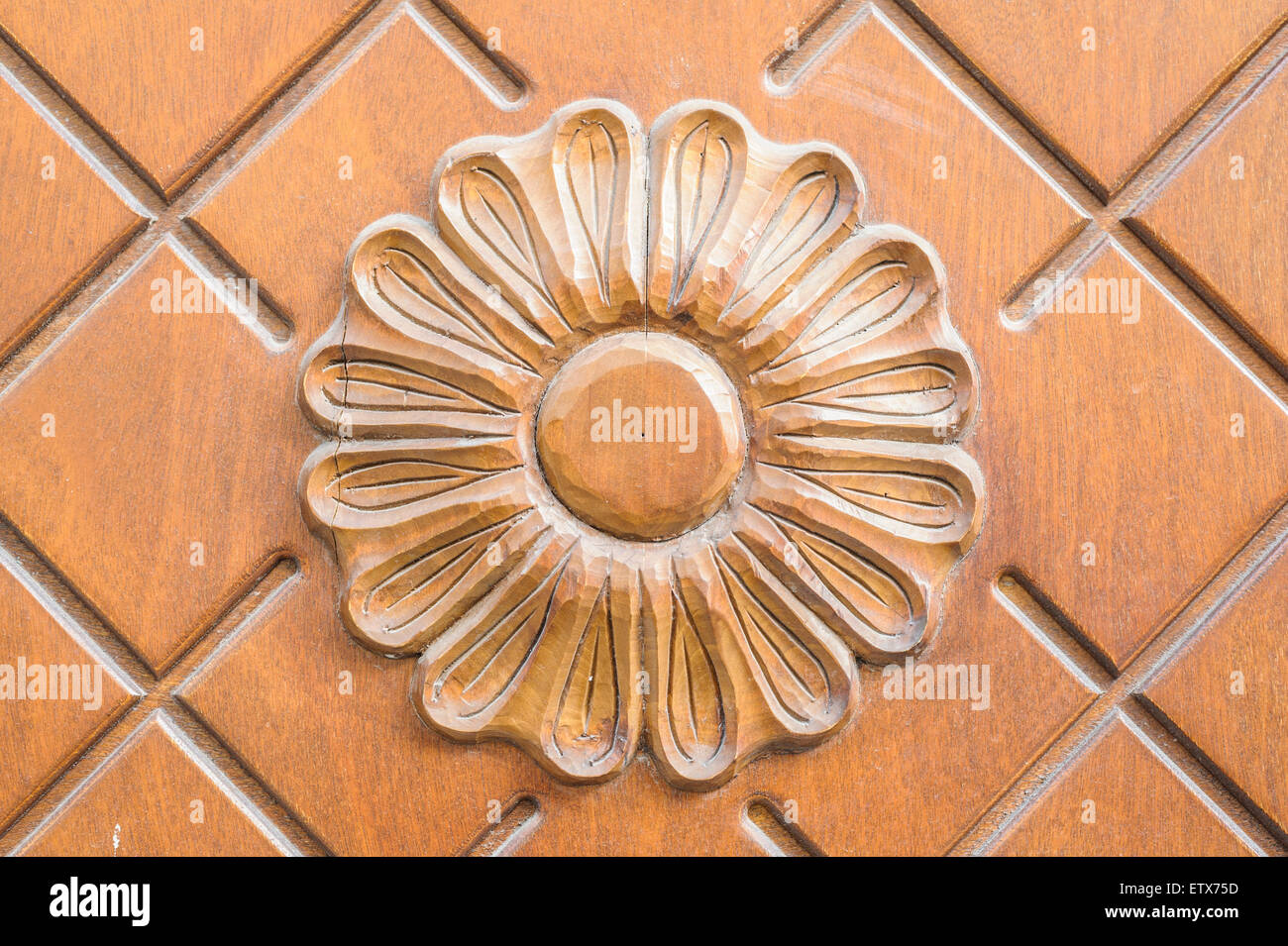 Porta di legno in primo piano con una rosetta, Foto Stock