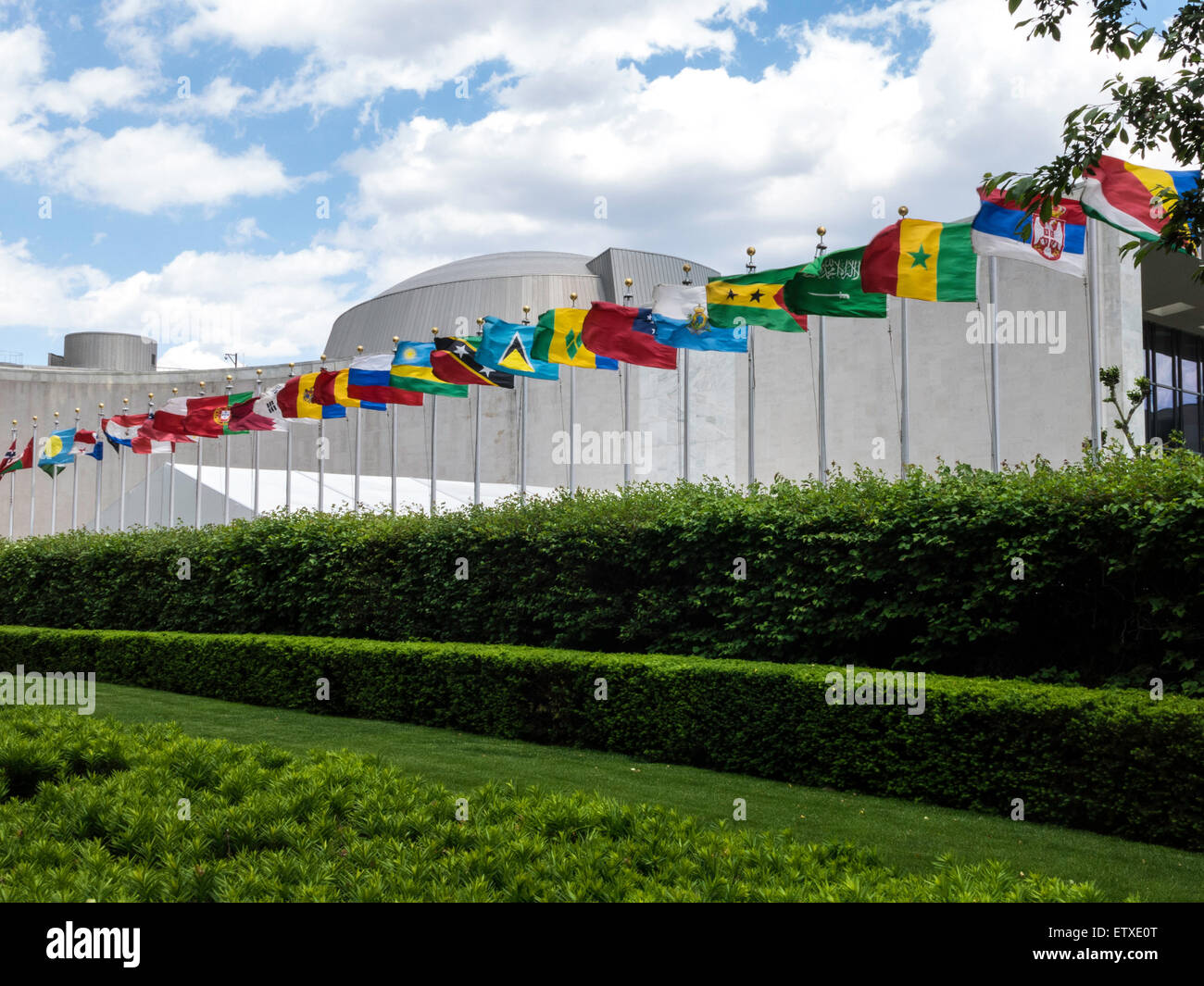 Le bandiere della nazione, il Quartier generale delle Nazioni Unite di New York Foto Stock