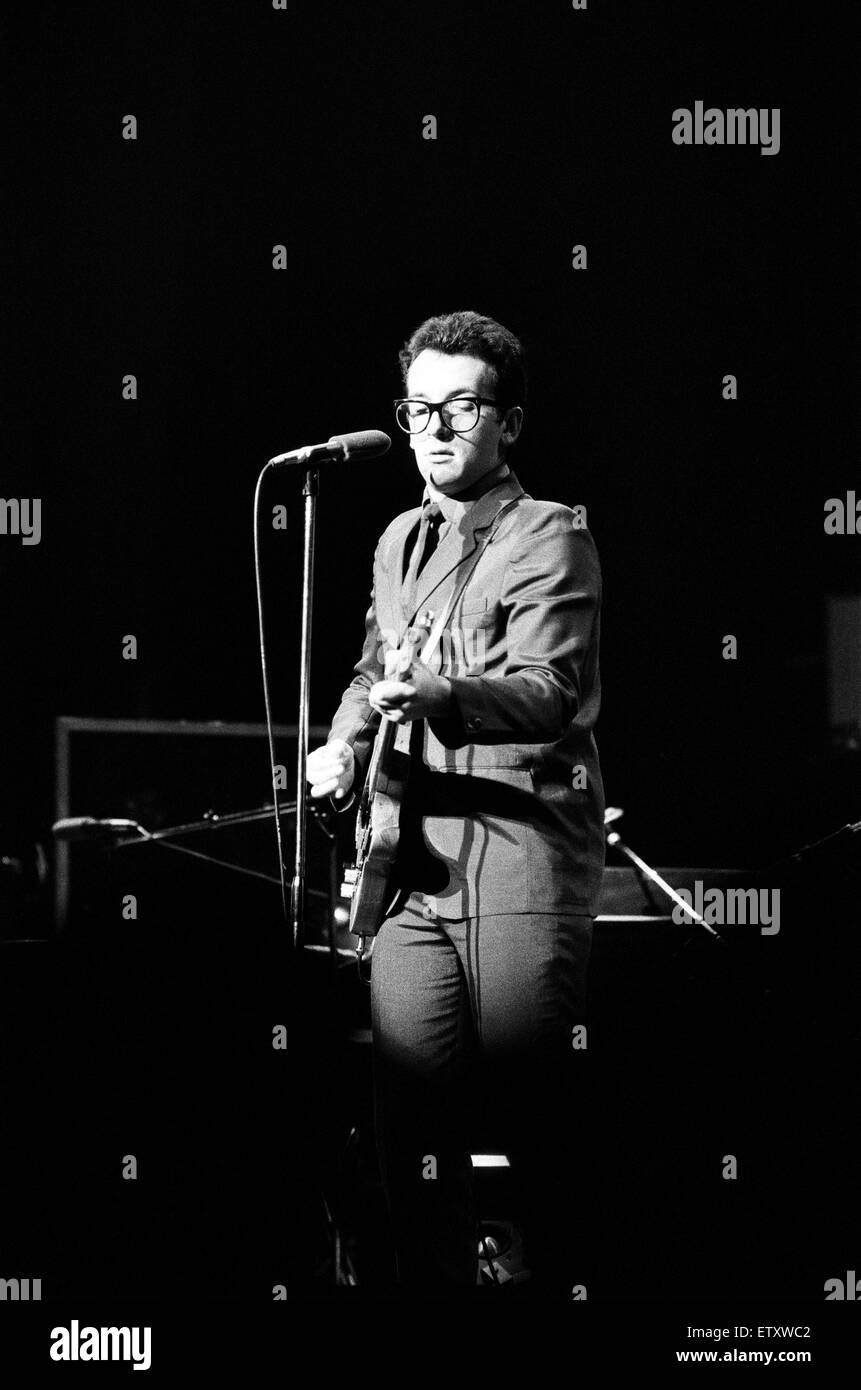 Elvis Costello sul palco. 9 gennaio 1980. Foto Stock