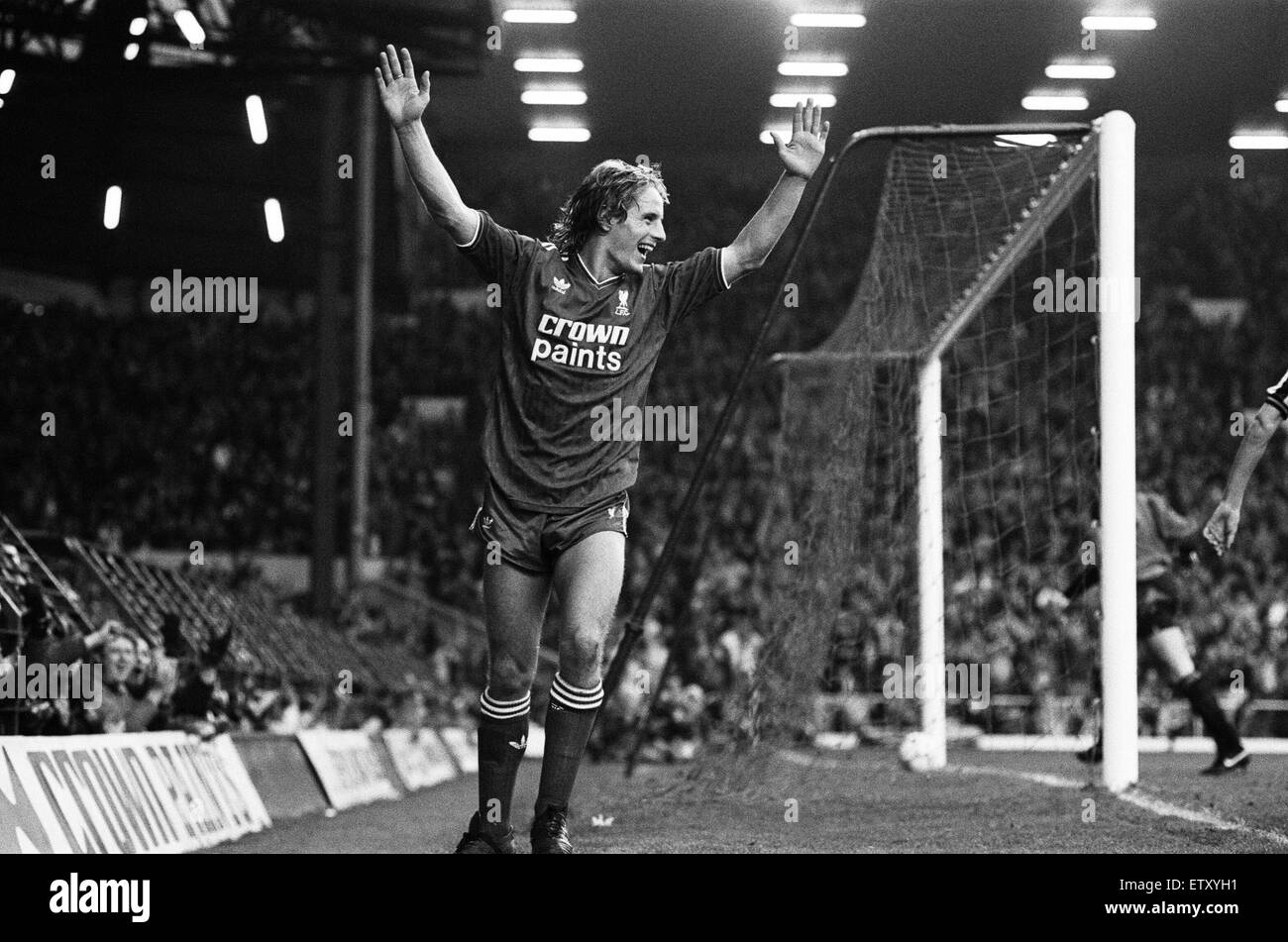 Liverpool 2 v Newcastle United 0 Vecchia League Division One ad Anfield. (L'immagine mostra) Paolo Walsh celebra il suo obiettivo. 23 Gennaio 1987 Foto Stock