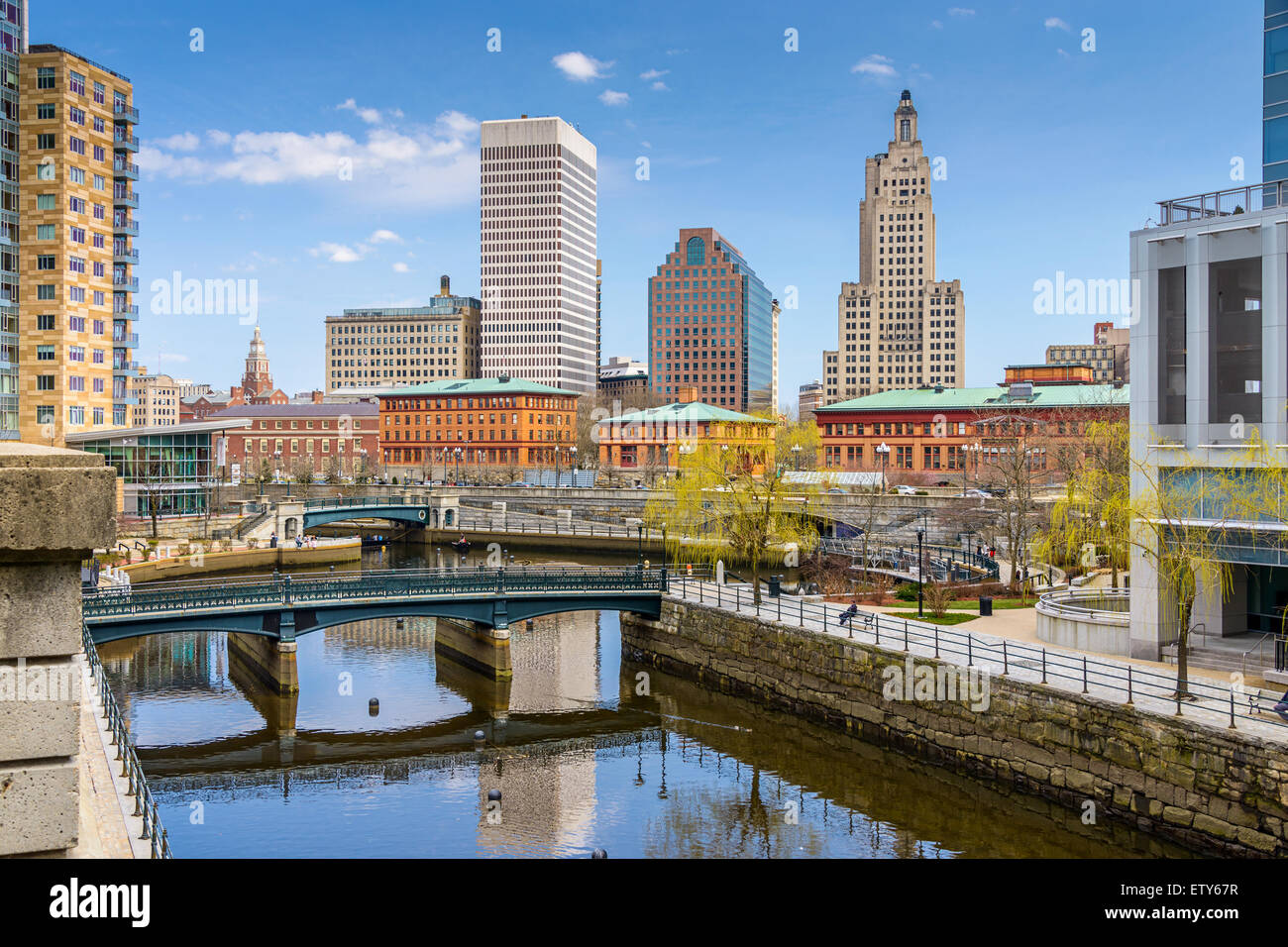 Providence, Rhode Island, Stati Uniti d'America skyline a Waterplace Park. Foto Stock